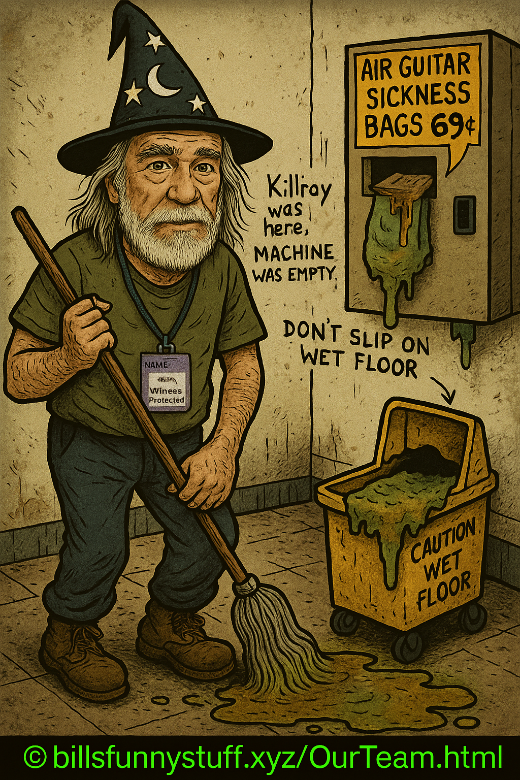 CBGB cartoon janitor with air guitar sickness bags vending machine and puddle